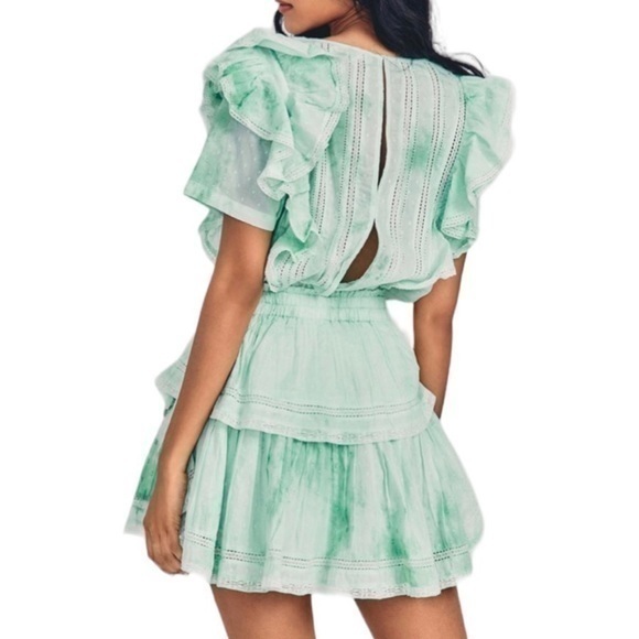 LoveShackFancy Natasha Preppy Green Tie Dye Ruffle Mini Dress Large - Picture 2 of 11